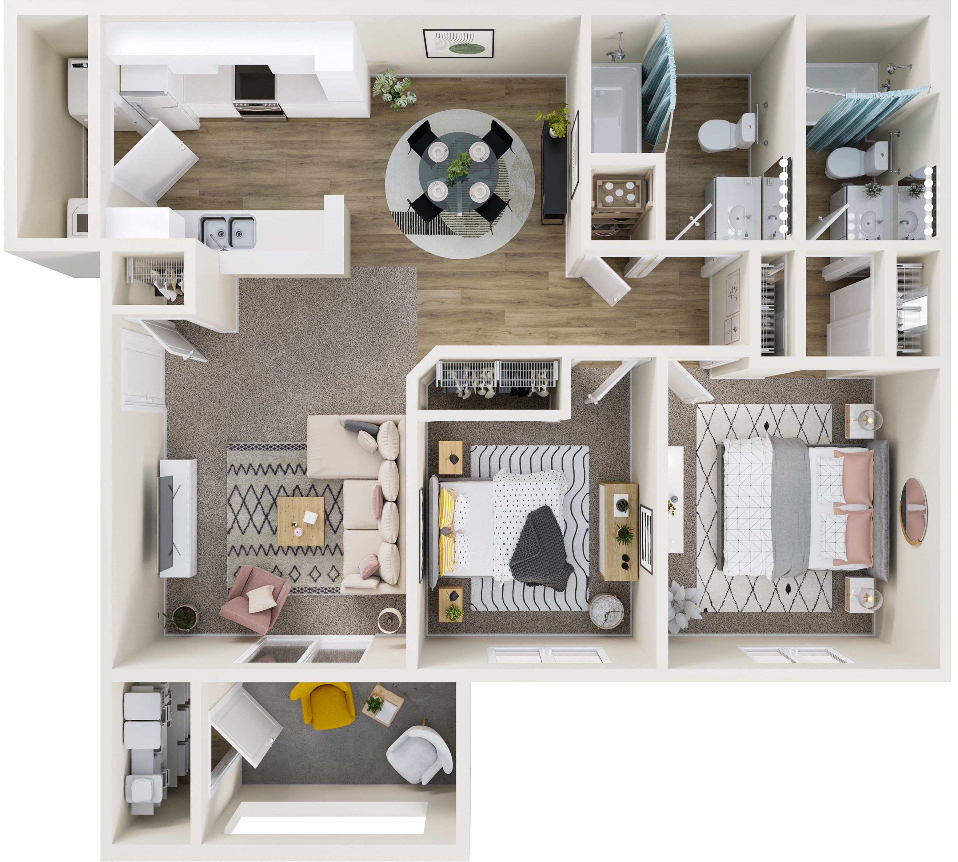 Floor plan for 2 beds, 2 baths, 960 sqft